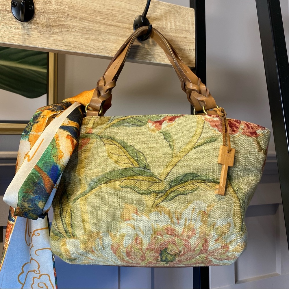 VTG Y2K FOSSIL handBag Plants Floral Leather Key Charm Boho with scarf
